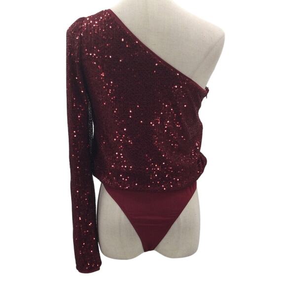 LULU'S SZ S Dancing Diva Wine Red Sequin One-Shoulder Bodysuit NEW B96 - Picture 4 of 10